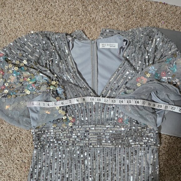 Sz 14 Mac Duggal 5221 Floral Multicolor Sequin Gown with Capelet in Platinum - Picture 8 of 12